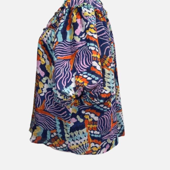 Entro Boho Ruffle V-Neck Colorful Abstract Print Puff Sleeves Blouse (Size S) - Picture 3 of 13